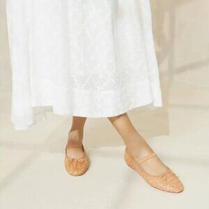 Miss Left Brown Braid Bowknots Ankle Strap Mary Janes Round Toe Ballet Flats